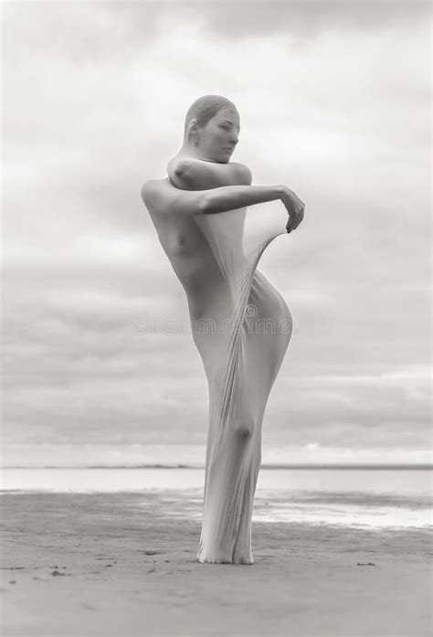 Nude Woman Dancer In Transparent Fabric On The Beach Stock Photo Image Of Black Dancer