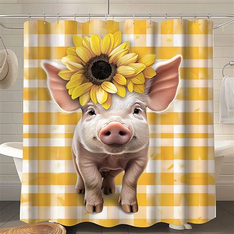 Hyper Realistic Baby Pig With Sunflowers Shower Curtain Yellow Plaid