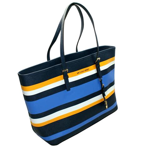 Michael Kors Navy Multi Leather Medium Travel Stripe Multifunction Tote