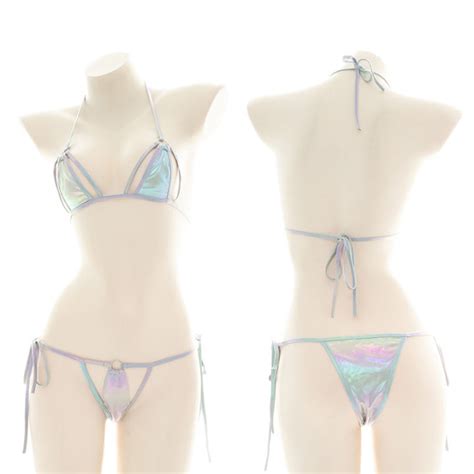 Laser Holographic Women Bikini Set Halter Bra Top Sexy String Thong