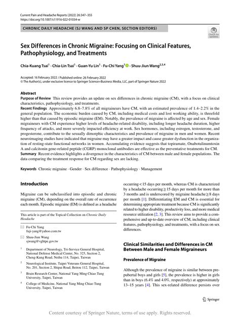 Sex Differences In Chronic Migraine Focusing On Clinical Features Pathophysiology And