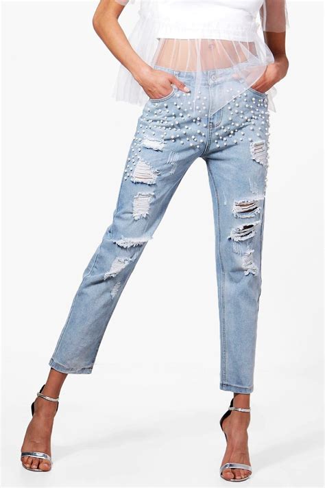 Pearl Embellished Mom Jeans Boohoo Mom Jeans Jeans Ripped Jeans Outfit