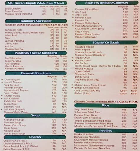 Menu At Hari Om Nanumal Bhojraj Navi Mumbai