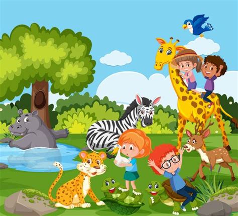 Children playing with wild animal 589416 Vector Art at Vecteezy