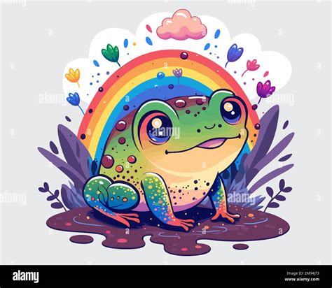 A Green Frog Sits In A Puddle Under A Colorful Rainbow Flat Vector