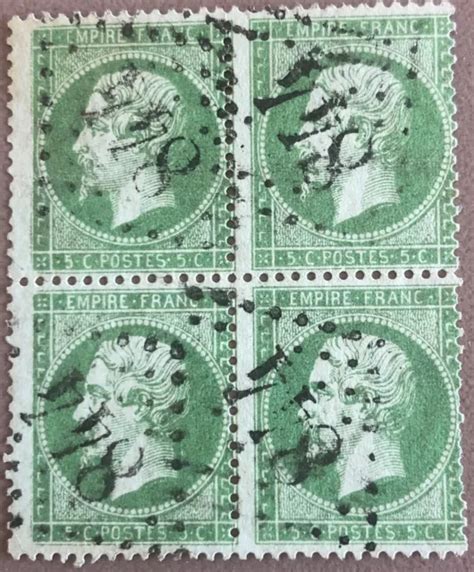 FRANCE NAPOLÉON III dentelé 1862 n20 5c vert BLOC 4 Oblitéré SIGNE EUR