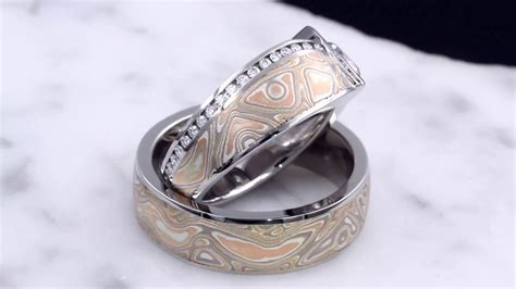 Mokume Wave Diamond Crossing Engagement Ring And Matching Mokume