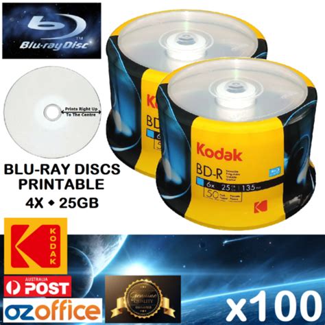 PREMIUM 100 X KODAK Blank Blu Ray Discs 25GB BDR 4X White Inkjet