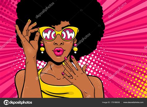 Wow Pop Art Face Sexy Surprised Black Woman With African Hair And Open