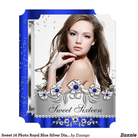 A Blue And Silver Sweet Sixteen Birthday Party Card With An Image Of A