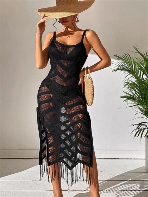 Cover Up Con Abertura Bajo Con Fleco Sin Bikini Moda De Mujer Shein