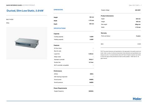 Haier AD18SS1ERA 5.0kW Ducted Slim Low Static Air Conditioner User Guide