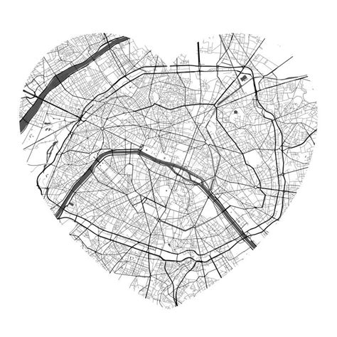 Heart Shaped Paris City Vector Map Black And White Colors Roads