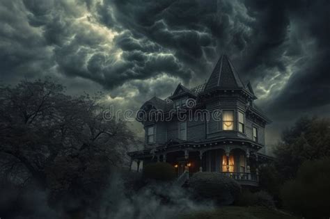 A Spooky House With Thick Smoke Pouring Out Of It Creating An Eerie