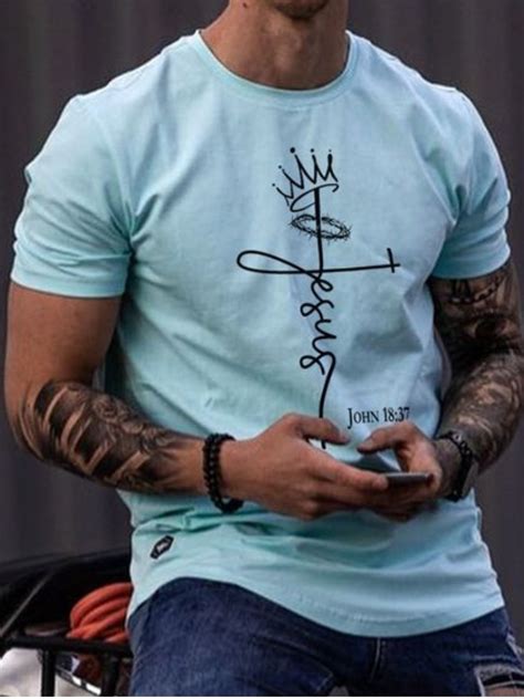 Lw Men Casual Crown Letter Print Blue T Shirt Sale Lovelywholesale