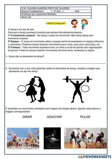 Arte Dança Worksheet School Subjects Teachers Workbook