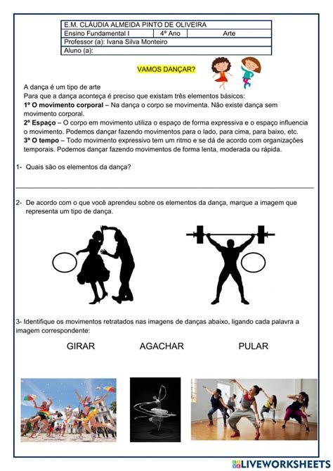 Arte dança worksheet School subjects Teachers Workbook