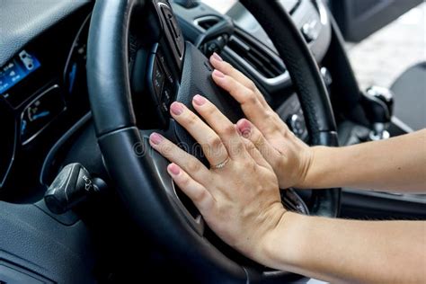 Female Hands With Steering Wheel Close Up Woman Driving Car And