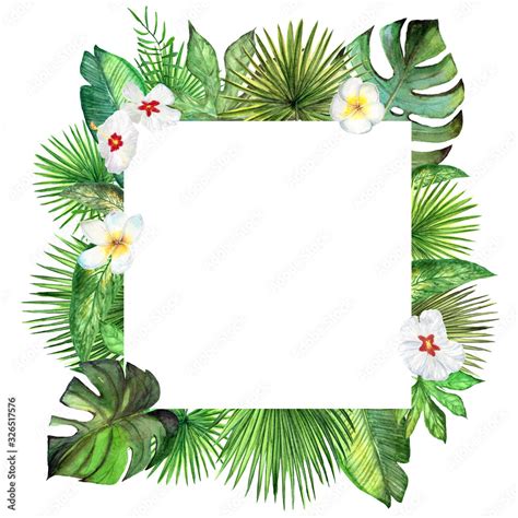 Watercolor tropical plant leaves and exotic flowers square frame, border, template. Stock ...