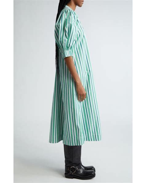 Ganni Stripe Organic Cotton Midi Shirtdress In Green Lyst