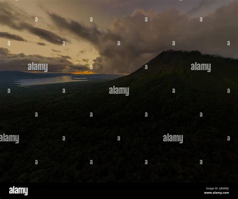 Beautiful Aerial Lview Of Arenal Volcano The Arenal Lagoon And Rain