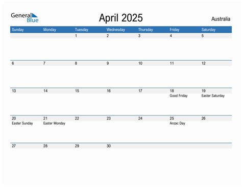 April Monthly Calendar With Australia Holidays