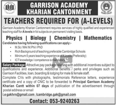 Garrison Academy Kharian Cantt Jobs Online Apply Via Email