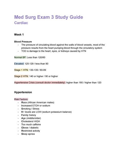 Med Surg Exam Study Guide Med Surg Exam Study Guide Cardiac Week