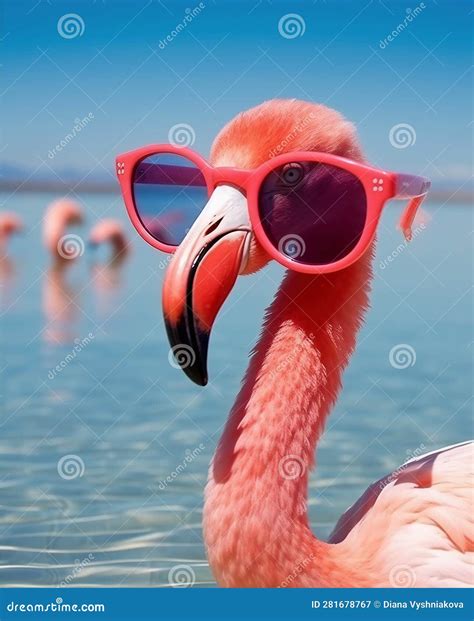 Flamingo Wearing Sunglasses And Hat In Summer Cartoon Vector