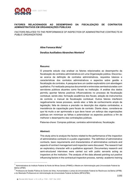 Pdf Fatores Relacionados Ao Desempenho Da Fiscaliza O De Contratos