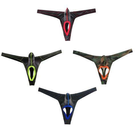 Tanga De Cuero Para Hombre Ropa Interior Sexy Con Bolsa Larga Realzada Con Agujeros Bikini Suave