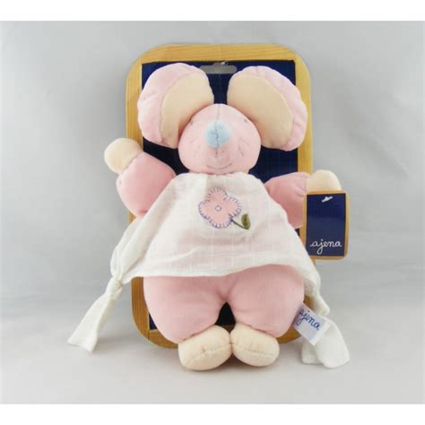 Doudou Souris Rose Robe Tablier Blanc Fleur Ajena Neuf