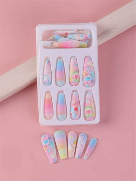 Transform Your Nails With 24pcs Long Coffin Iridescent Candy Color Ombre Matte Daisy Floral