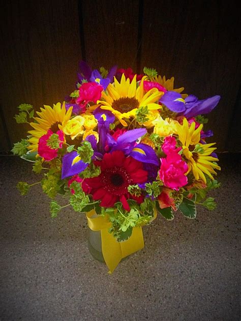 Bridal Bouquet With Sunflowers Gerber Daisies Iris And Mini Carns