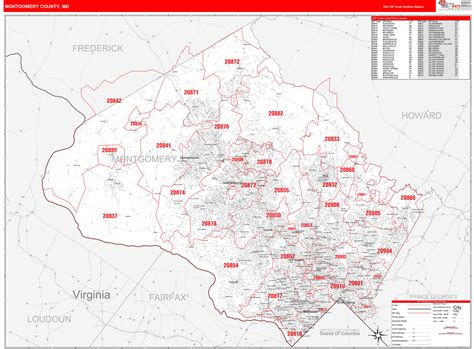 Montgomery County, MD Zip Code Wall Map Red Line Style by MarketMAPS - MapSales