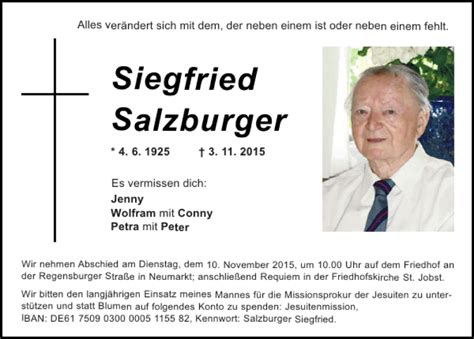 Traueranzeigen Von Siegfried Salzburger Mittelbayerische Trauer