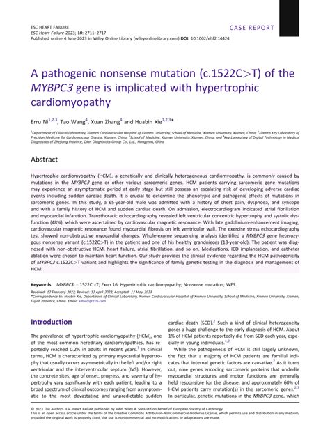 Pdf A Pathogenic Nonsense Mutation C 1522c T Of The Mybpc3 Gene Is