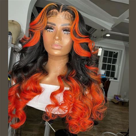 Body Wave Skunk Stripe Orange Highlight With Black Ombre Color Lace ...