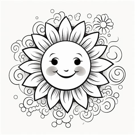 Un Dibujo En Blanco Y Negro De Un Girasol Sonriente Con Remolinos