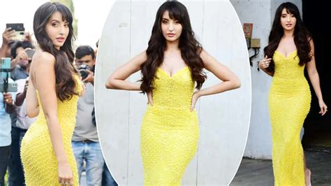 Sexy Nora Fatehi Shines In Yellow Thigh High Slit Dress See Glamorous Pics Nora Fatehi Sexy