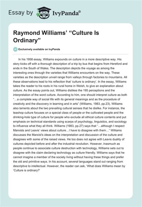 Raymond Williams Culture Is Ordinary 1248 Words Critical Writing