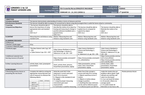 Dll Science 5 Q3 W2 Grades 1 To 12 Daily Lesson Log School Grade