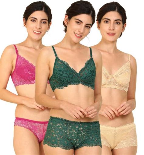 Buy In Curve Women Cotton Bra Panty Set For Lingerie Set Pack Of 3 Color Pink Green