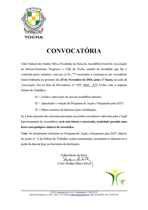 Convocatória Assembleia Geral Associação De Desenvolvimento Progresso E Vida Da Tocha