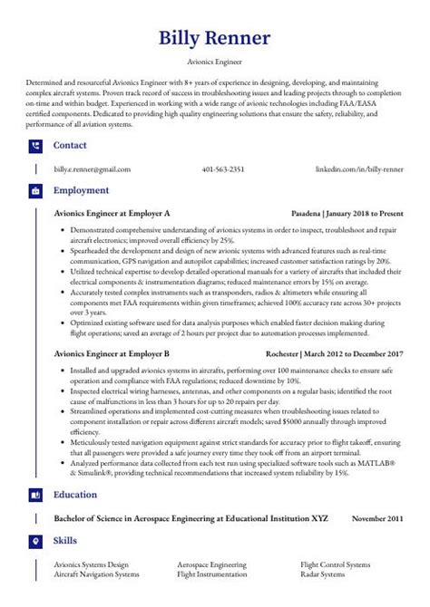 Avionics Engineer Resume (CV) Example and Writing Guide