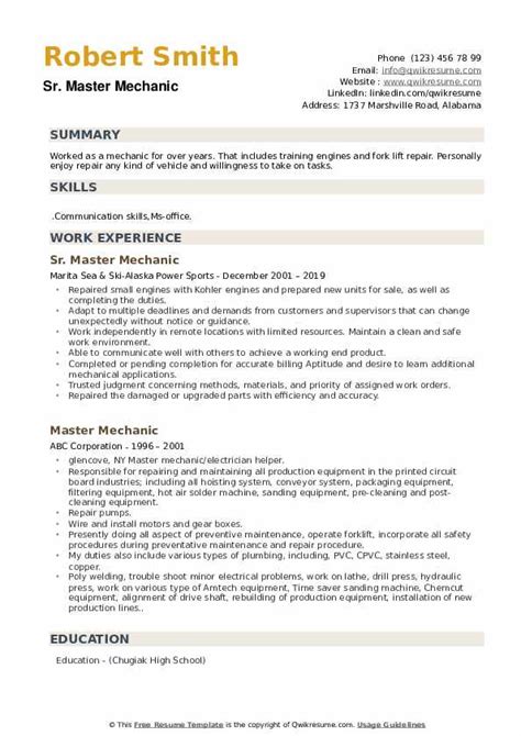 Master Mechanic Resume Samples | QwikResume