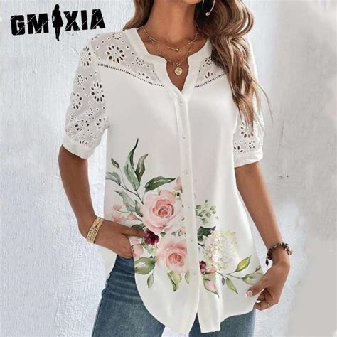 GMXIA Женские модные повседневные летние блузки и рубашки с v-образным ...