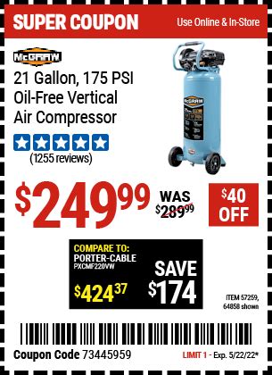 MCGRAW 21 Gallon 175 PSI Oil Free Vertical Air Compressor For 249 99