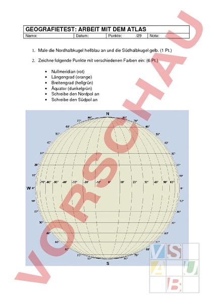 Arbeitsblatt Test Atlasarbeit Geographie Kartographie Gradnetz