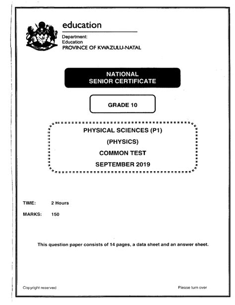 Phy Sep 2019 P1 Grade 10 Qp And Memo